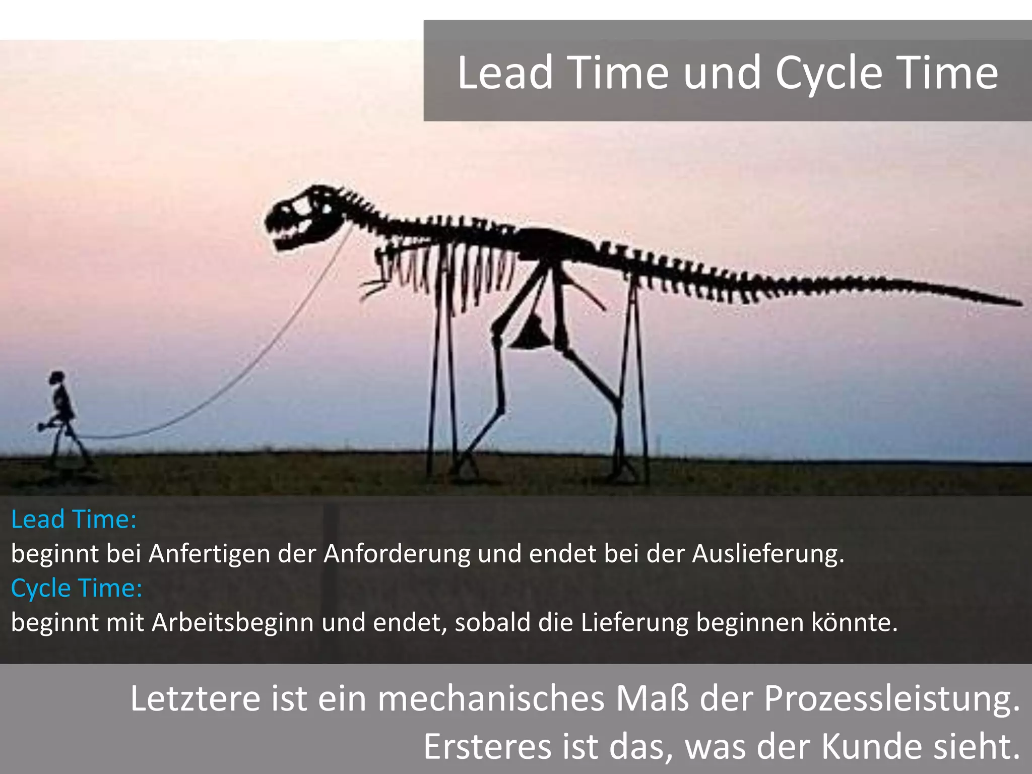 Lead Time und Cycle Time




Lead Time:
beginnt bei Anfertigen der Anforderung und endet bei der Auslieferung.
Cycle Time:
beginnt mit Arbeitsbeginn und endet, sobald die Lieferung beginnen könnte.

         Letztere ist ein mechanisches Maß der Prozessleistung.
                            Ersteres ist das, was der Kunde sieht.
 