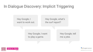 In Dialogue Discovery: Implicit Triggering
Hey Google, I
want to work out.
Hey Google, I want
to play a game.
Hey Google, what’s
the surf report?
Hey Google, tell
me a joke.
 