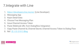 7.Integrate with Line
1. https://developers.line.me/en/ (Line Developer)
2. Messaging App
3. Keyin Detail Data
4. Choose Free Messaging Plan
5. Issue Channel Access Token
6. Paste Webhook URL from Dialogflow Integration
7. Copy Paste Channel Id, Channel Secret, Channel Access Token to Dialog Flow
8. Ref: 董大偉老師的 Blog
 