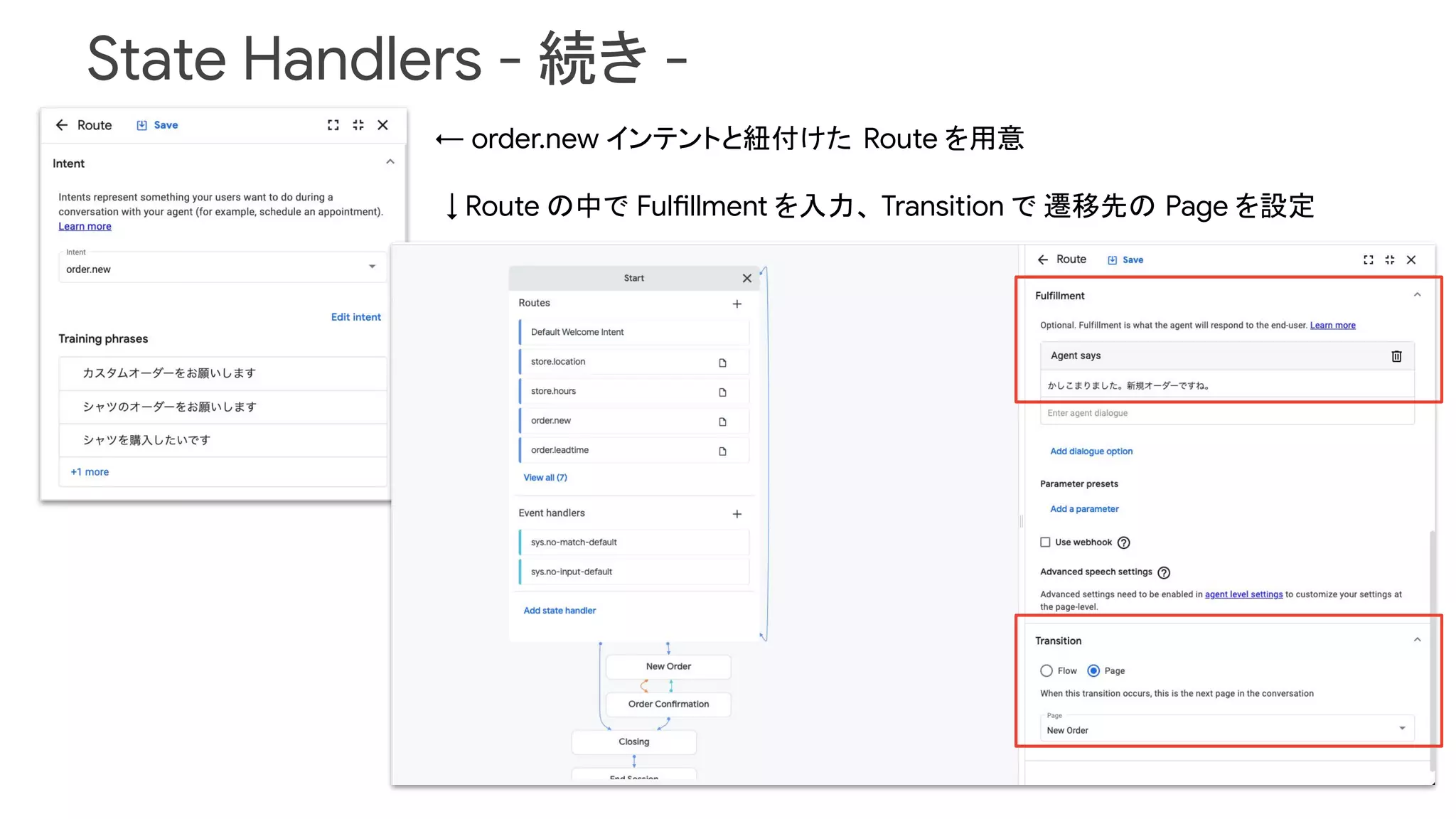State Handlers - 続き -
← order.new インテントと紐付けた Route を用意
↓ Route の中で Fulfillment を入力、 Transition で 遷移先の Page を設定
 