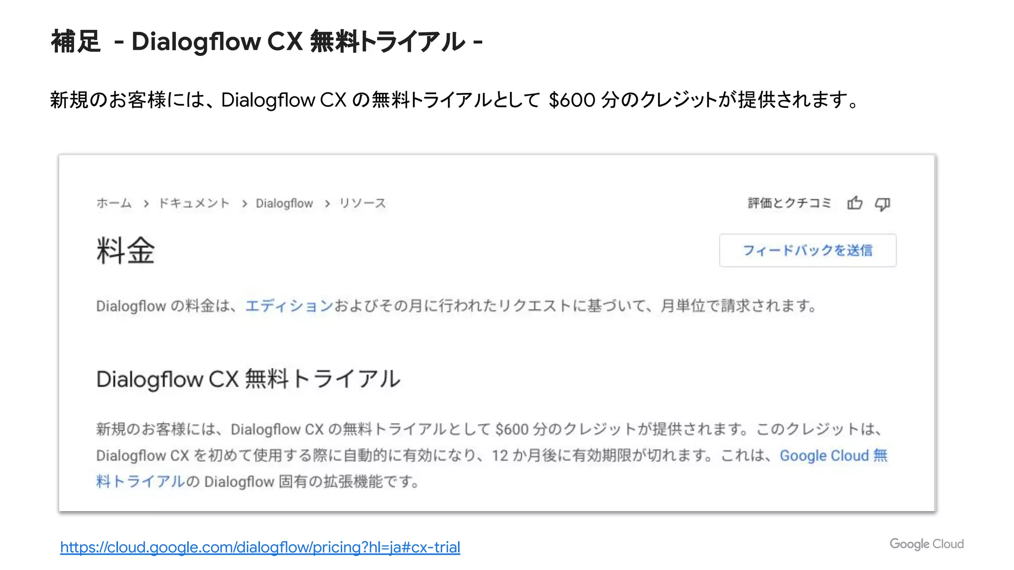 補足 - Dialogflow CX 無料トライアル -
新規のお客様には、 Dialogflow CX の無料トライアルとして $600 分のクレジットが提供されます。
https://cloud.google.com/dialogflow/pricing?hl=ja#cx-trial
 