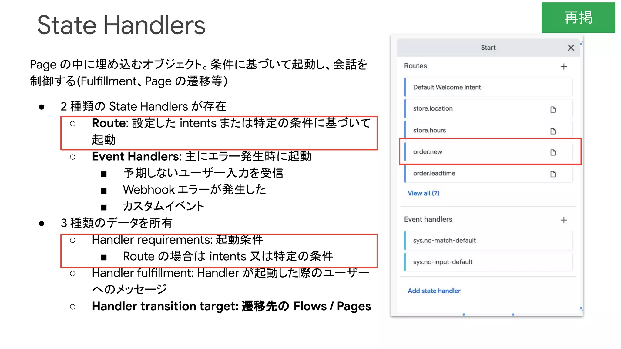State Handlers
Page の中に埋め込むオブジェクト。条件に基づいて起動し、会話を
制御する(Fulfillment、Page の遷移等)
● 2 種類の State Handlers が存在
○ Route: 設定した intents または特定の条件に基づいて
起動
○ Event Handlers: 主にエラー発生時に起動
■ 予期しないユーザー入力を受信
■ Webhook エラーが発生した
■ カスタムイベント
● 3 種類のデータを所有
○ Handler requirements: 起動条件
■ Route の場合は intents 又は特定の条件
○ Handler fulfillment: Handler が起動した際のユーザー
へのメッセージ
○ Handler transition target: 遷移先の Flows / Pages
再掲
 