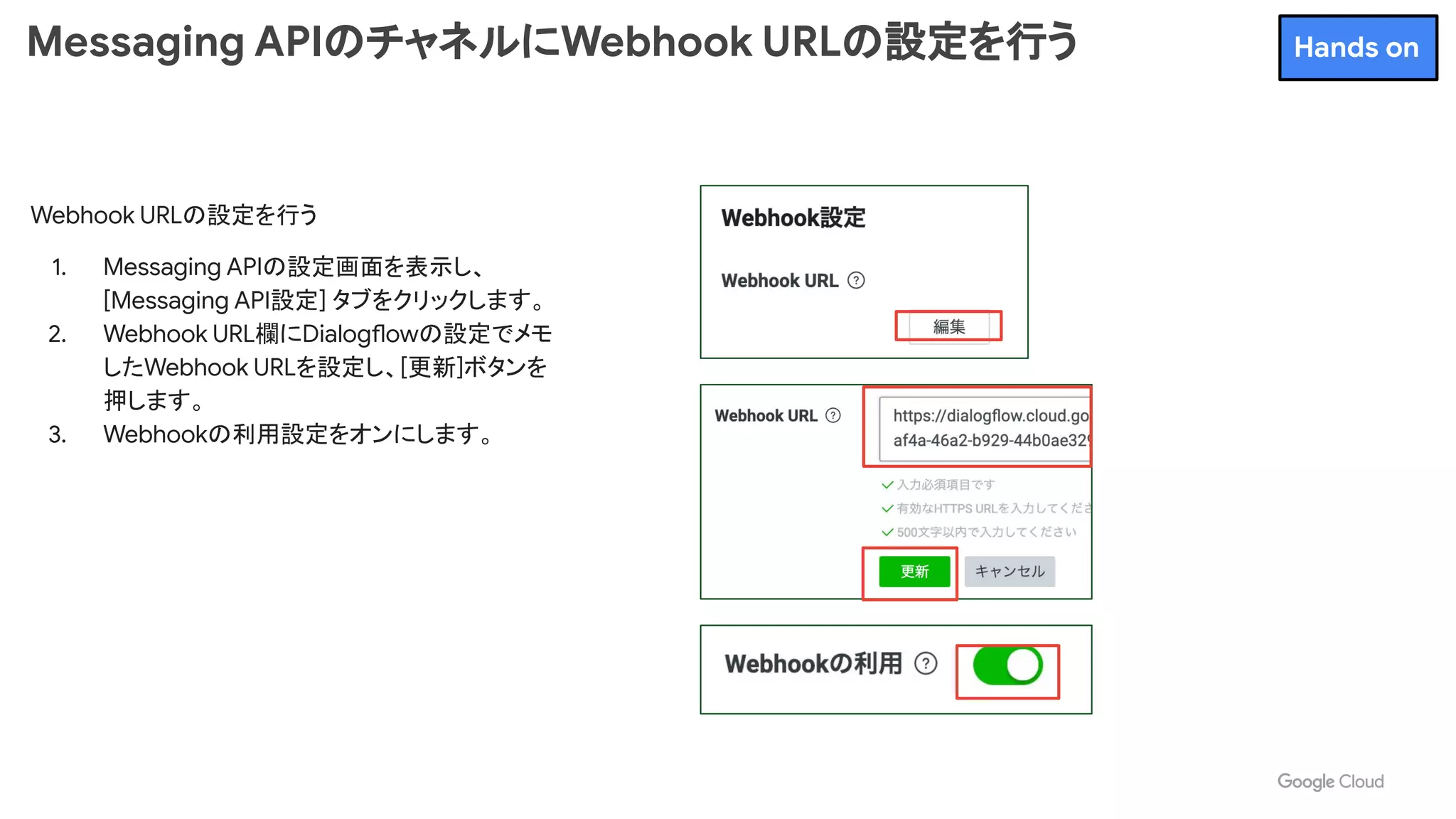 Messaging APIのチャネルにWebhook URLの設定を行う
Webhook URLの設定を行う
1. Messaging APIの設定画面を表示し、
[Messaging API設定] タブをクリックします。
2. Webhook URL欄にDialogflowの設定でメモ
したWebhook URLを設定し、[更新]ボタンを
押します。
3. Webhookの利用設定をオンにします。
Hands on
 