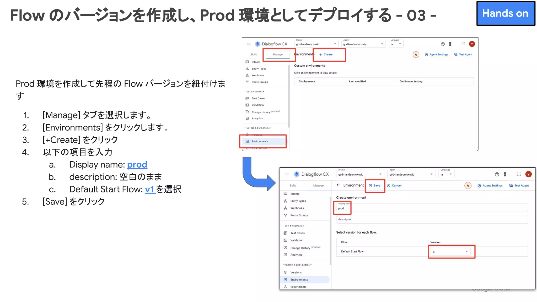 Prod 環境を作成して先程の Flow バージョンを紐付けま
す
1. [Manage] タブを選択します。
2. [Environments] をクリックします。
3. [+Create] をクリック
4. 以下の項目を入力
a. Display name: prod
b. description: 空白のまま
c. Default Start Flow: v1 を選択
5. [Save] をクリック
Flow のバージョンを作成し、Prod 環境としてデプロイする - 03 - Hands on
 