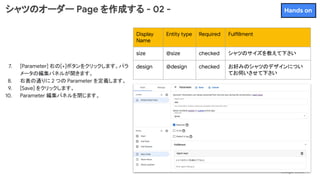 シャツのオーダー Page を作成する - 02 -
7. [Parameter] 右の[+]ボタンをクリックします。パラ
メータの編集パネルが開きます。
8. 右表の通りに 2 つの Parameter を定義します。
9. [Save] をクリックします。
10. Parameter 編集パネルを閉じます。
Display
Name
Entity type Required Fulfillment
size @size checked シャツのサイズを教えて下さい
design @design checked お好みのシャツのデザインについ
てお伺いさせて下さい
Hands on
 