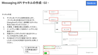 Messaging API チャネルの作成- 02 -
チャネル作成
5. チャネル名・チャネル説明を設定します。
（チャネル名は任意のもので大丈夫です、
[Dialogflowボット]など。説明欄にはチャネル
名をとりあえず入れてください。）
6. 大業種、小業種は[個人]を選択してください。
7. メールアドレス欄にご自身のメールアドレスを
設定します。
8. 同意のチェックボックスが２つあるのでチェッ
クして[作成]ボタンを押します。
9. その後もダイアログが適宜でますが、案内に
したがって[OK]や[同意する]のボタンを押して
ください。
Hands on
ここまででチャネ
ルの作成は完了
です。
 