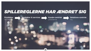 .
Produkter
1970erne
Produkter & services
1990erne
Kunde-centrisk
2000erne
Relations-centrisk
Nu
SPILLEREGLERNE HAR ÆNDRET SIG
 