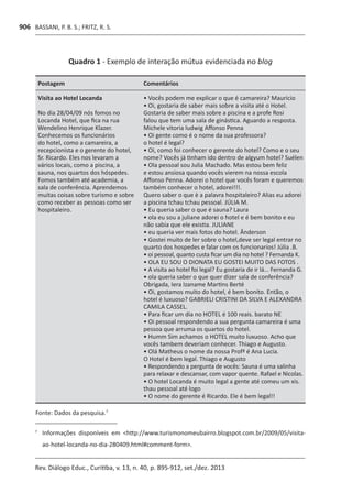 BASSANI, P. B. S.; FRITZ, R. S.
Rev. Diálogo Educ., Curitiba, v. 13, n. 40, p. 895-912, set./dez. 2013
906
Quadro 1 - Exemplo de interação mútua evidenciada no blog
Postagem Comentários
Visita ao Hotel Locanda
No dia 28/04/09 nós fomos no
Locanda Hotel, que fica na rua
Wendelino Henrique Klazer.
Conhecemos os funcionários
do hotel, como a camareira, a
recepcionista e o gerente do hotel,
Sr. Ricardo. Eles nos levaram a
vários locais, como a piscina, a
sauna, nos quartos dos hóspedes.
Fomos também até academia, a
sala de conferência. Aprendemos
muitas coisas sobre turismo e sobre
como receber as pessoas como ser
hospitaleiro.
• Vocês podem me explicar o que é camareira? Mauricio
• Oi, gostaria de saber mais sobre a visita até o Hotel.
Gostaria de saber mais sobre a piscina e a profe Rosi
falou que tem uma sala de ginástica. Aguardo a resposta.
Michele vitoria ludwig Affonso Penna
• Oi gente como é o nome da sua professora?
o hotel é legal?
• Oi, como foi conhecer o gerente do hotel? Como e o seu
nome? Vocês já tinham ido dentro de algyum hotel? Suélen
• Ola pessoal sou Julia Machado. Mas estou bem feliz
e estou ansiosa quando vocês vierem na nossa escola
Affonso Penna. Adorei o hotel que vocês foram e queremos
também conhecer o hotel, adorei!!!.
Quero saber o que è a palavra hospitaleiro? Alias eu adorei
a piscina tchau tchau pessoal. JÚLIA M.
• Eu queria saber o que é sauna? Laura
• ola eu sou a juliane adorei o hotel e é bem bonito e eu
não sabia que ele existia. JULIANE
• eu queria ver mais fotos do hotel. Ânderson
• Gostei muito de ler sobre o hotel,deve ser legal entrar no
quarto dos hospedes e falar com os funcionaríos! Júlia .B.
• oi pessoal, quanto custa ficar um dia no hotel ? Fernanda K.
• OLA EU SOU O DIONATA EU GOSTEI MUITO DAS FOTOS .
• A visita ao hotel foi legal? Eu gostaria de ir lá... Fernanda G.
• ola queria saber o que quer dizer sala de conferência?
Obrigada, Iera Izaname Martins Berté
• Oi, gostamos muito do hotel, é bem bonito. Então, o
hotel é luxuoso? GABRIELI CRISTINI DA SILVA E ALEXANDRA
CAMILA CASSEL.
• Para ficar um dia no HOTEL é 100 reais. barato NE
• Oi pessoal respondendo a sua pergunta camareira é uma
pessoa que arruma os quartos do hotel.
• Humm Sim achamos o HOTEL muito luxuoso. Acho que
vocês tambem deveriam conhecer. Thiago e Augusto.
• Olá Matheus o nome da nossa Profª é Ana Lucia.
O Hotel é bem legal. Thiago e Augusto
• Respondendo a pergunta de vocês: Sauna é uma salinha
para relaxar e descansar, com vapor quente. Rafael e Nicolas.
• O hotel Locanda é muito legal a gente até comeu um xis.
thau pessoal até logo
• O nome do gerente é Ricardo. Ele é bem legal!!
Fonte: Dados da pesquisa.7
7		
Informações disponíveis em <http://www.turismonomeubairro.blogspot.com.br/2009/05/visita-
ao-hotel-locanda-no-dia-280409.html#comment-form>.
 