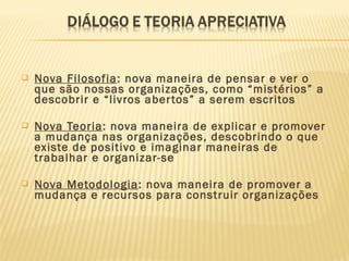  Nova Filosofia: nova maneira de pensar e ver o
que são nossas organizações, como “mistérios” a
descobrir e “livros abertos” a serem escritos
 Nova Teoria: nova maneira de explicar e promover
a mudança nas organizações, descobrindo o que
existe de positivo e imaginar maneiras de
trabalhar e organizar-se
 Nova Metodologia: nova maneira de promover a
mudança e recursos para construir organizações
 