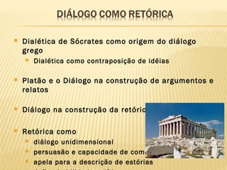  Dialética de Sócrates como origem do diálogo
grego
 Dialética como contraposição de idéias
 Platão e o Diálogo na construção de argumentos e
relatos
 Diálogo na construção da retórica
 Retórica como
 diálogo unidimensional
 persuasão e capacidade de comover
 apela para a descrição de estórias
 