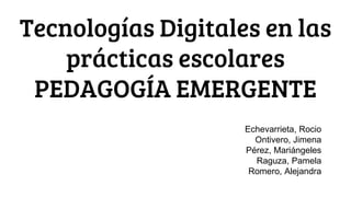 Tecnologías Digitales en las
prácticas escolares
PEDAGOGÍA EMERGENTE
Echevarrieta, Rocio
Ontivero, Jimena
Pérez, Mariángeles
Raguza, Pamela
Romero, Alejandra
 