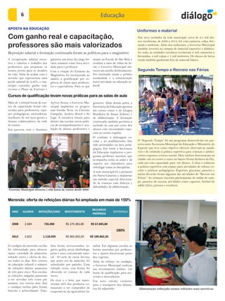 6                                                                 Educação

APOSTA NA EDUCAÇÃO
                                                                                                         Uniformes e material
Com ganho real e capacitação,                                                                            Nas nove unidades da rede municipal, cerca de 2,5 mil alu-
                                                                                                         nos receberam, de 2009 a 2012, kit com camiseta, calça, ber-
professores são mais valorizados                                                                         muda e moletom. Além dos uniformes, o Governo Municipal
                                                                                                         também investiu na compra de material esportivo e didático.
Reposição salarial e formação continuada foram as políticas para o magistério                            Ao todo, as unidades escolares receberam 6 mil camisetas e
                                                                                                         bermudas, 4 mil calças e 3 mil moletons. Os alunos de baixa
A recuperação salarial incen-      garantiu um terço da carga ho-     atuam na Escola de São Brás e      renda também ganharam kits de material básico.
tiva e valoriza o trabalho dos     rária semanal como hora ativi-     residem a mais de 10km do lo-
professores que preparam os        dade para o professor.             cal, o Governo Municipal ofe-
nossos jovens para os desafios     Com a criação do Estatuto do       receu um auxílio deslocamento.     Segundo Tempo e Recreio nas Férias
da vida. Além de acabar com o      Magistério, foi incorporada ao     Foi instituído ainda o prêmio
arrocho que representou uma        salário a gratificação por re-     assiduidade e a remuneração
perda salarial de 9,46%, o mu-     gência de classe para professo-    hora/atividade na educação in-
nicípio concedeu ganho real,       res e especialistas. Para os que   fantil.
revisou o Plano de Carreira e

Cursos de qualificação levam novas práticas para as salas de aula
Mais de 1,862mil horas de cur-     Ayrton Senna, o Governo Mu-        gestores. Além dessas ações, a
sos de capacitação foram ofe-      nicipal implantou os progra-       Secretaria da Educação apostou
recidas para professores, equi-    mas Gestão Nota 10, Circuito       em cursos como o de Língua
pes pedagógicas, merendeiras,      Campeão, Acelera Brasil e Se       Brasileira de Sinais (Libras) e
auxiliares de serviços gerais e    Liga. A iniciativa trouxe para     de alfabetização. A formação
demais colaboradores da rede       dentro das escolas novas práti-    continuada também permitiu a
de ensino.                         cas de acompanhamento e ava-       inclusão de cem por cento dos
Em parceria com o Instituto        liação de alunos, professores e    alunos com necessidades espe-
                                                                      ciais ao ensino regular.
                                                                      O combate à defasagem es-
                                                                      colar e ao analfabetismo têm       O “Segundo Tempo” foi um programa desenvolvido em par-
                                                                      sido prioridades na área peda-     ceria entre Secretaria Municipal da Educação e Ministério do
                                                                      gógica. Em 2009, a Secretaria      Esporte que teve como objetivo oferecer alternativas saudá-
                                                                      da Educação implantou o pro-       veis e de estímulo à prática esportiva para crianças e adoles-
                                                                      grama professor monitor, que       centes expostos a riscos sociais. Dois núcleos funcionaram na
                                                                      acompanha todas as aulas e dá      cidade: um no centro e outro no bairro Nossa Senhora da Paz,
                                                                      suporte aos educadores para        cada um com capacidade para 120 alunos. A ideia é enfatizar
                                                                      interligar todas as disciplinas.   a prática esportiva com espaço para atividades de reforço es-
                                                                      A rede municipal foi a primeira    colar e práticas pedagógicas. Esportes, gincanas, passeios e
                                                                      em Santa Catarina a implantar      muita diversão foram algumas das atividades do “Recreio em
                                                                      um método especial direciona-      Férias”. As crianças inscritas participaram de saídas de cam-
                                                                      do às crianças com dislexia e      po, passeios de escuna, atividades como capoeira, futebol de
                                                                      dificuldades de alfabetização.     sabão (foto), pintura e escultura.
Governo Municipal ofereceu 1.862 horas de cursos desde 2009


Merenda: oferta de refeições diárias foi ampliada em mais de 150%




O cardápio da merenda escolar      bém foram acrescentados: io-       miliar. Em algumas escolas, as
foi reformulado para oferecer      gurte, geléia, aveia, almôndega,   hortas mantidas por professo-
maior variedade de alimentos,      peixe e suco concentrado natu-     res e alunos forneceram parte
refeição extra e oferta de fru-    ral. O corte de carne bovina,      dos vegetais.
tas todos os dias. Nos centros     que antes era de músculo, foi      Além do reforço no cardápio,
de educação infantil o número      substituído por patinho. Uma       o Governo Municipal realizou
de refeições diárias aumentou      refeição extra, com frutas, foi    um investimento inédito: 140
de três para cinco. Nas escolas,   oferecida no começo de cada        horas de qualificação para ser-
as refeições salgadas passaram     turno.                             ventes e merendeiras.
a ser servidas três vezes por      Os ovos e o leite, que repre-      Um novo veículo, exclusivo
semana, nos outros dois dias       sentam 30% dos produtos, co-       para o transporte dos alimen-
o cardápio incluiu pães, frutas,   meçaram a ser comprados de         tos, foi adquirido.                Alimentação reforçada tornou refeições mais nutritivas
biscoito e achocolatado. Tam-      cooperativas da agricultura fa-
 