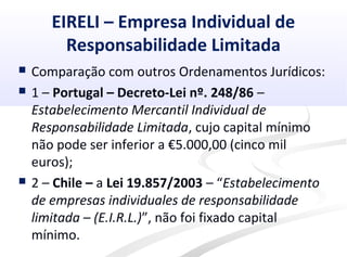 EIRELI – Empresa Individual de
Responsabilidade Limitada
 Comparação com outros Ordenamentos Jurídicos:
 1 – Portugal – Decreto-Lei nº. 248/86 –
Estabelecimento Mercantil Individual de
Responsabilidade Limitada, cujo capital mínimo
não pode ser inferior a €5.000,00 (cinco mil
euros);
 2 – Chile – a Lei 19.857/2003 – “Estabelecimento
de empresas individuales de responsabilidade
limitada – (E.I.R.L.)”, não foi fixado capital
mínimo.
 