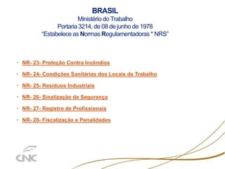 BRASIL
Ministério do Trabalho
Portaria 3214, de 08 de junho de 1978
“Estabelece as Normas Regulamentadoras * NRS”
• NR- 23- Proteção Contra Incêndios
• NR- 24- Condições Sanitárias dos Locais de Trabalho
• NR- 25- Resíduos Industriais
• NR- 26- Sinalização de Segurança
• NR- 27- Registro de Profissionais
• NR- 28- Fiscalização e Penalidades
 