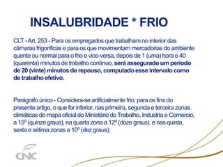 INSALUBRIDADE * FRIO
CLT -Art. 253 - Para os empregados que trabalham no interior das
câmaras frigoríficas e para os que movimentam mercadorias do ambiente
quente ou normal para o frio e vice-versa, depois de 1 (uma) hora e 40
(quarenta) minutos de trabalho contínuo, será assegurado um período
de 20 (vinte) minutos de repouso, computado esse intervalo como
de trabalho efetivo.
Parágrafo único - Considera-se artificialmente frio, para os fins do
presente artigo, o que for inferior, nas primeira, segunda e terceira zonas
climáticas do mapa oficial do Ministério do Trabalho, Industria e Comercio,
a 15º (quinze graus), na quarta zona a 12º (doze graus), e nas quinta,
sexta e sétima zonas a 10º (dez graus).
 