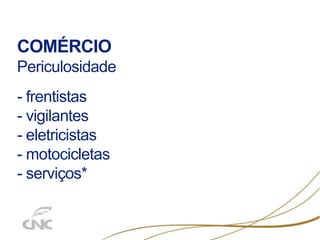 COMÉRCIO
Periculosidade
- frentistas
- vigilantes
- eletricistas
- motocicletas
- serviços*
 