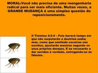 MORAL:Você não precisa de uma reengenharia
radical para ser mais eficiente. Muitas vezes, a
GRANDE MUDANÇA é uma simples questão de
              reposicionamento.




             II Timóteo 4:3-4 – Pois haverá tempo em
             que não surpotarão a doutrina sadia;
             mas, como que sentindo coceiras nos
             ouvidos, ajuntarão mestres segundo os
             seus próprios desejos. E se recusarão a
             dar ouvidos à verdade, entregando-se ás
             fábulas.
 