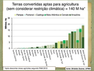 Terras convertidas aptas para agricultura!
  (sem considerar restrição climática) = 140 M ha*




                                                
* Após descontar áreas agrícolas segundo PAM 2010                                
                                                      fonte: Britaldo Soares, UFMG
 