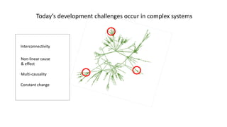 Today’s development challenges occur in complex systems
Interconnectivity
Non-linear cause
& effect
Multi-causality
Constant change
 