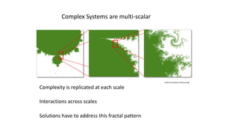 Complex Systems are multi-scalar
Complexity is replicated at each scale
Interactions across scales
Solutions have to address this fractal pattern
(Fisher & Coleman Forthcoming)
 