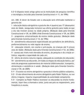 111
§ 2o
O disposto neste artigo aplica-se às instituições de pesquisa científica
e tecnológica.(Incluído pela Emenda Constitucional no
11, de 1996)
Art. 208. O dever do Estado com a educação será efetivado mediante a
garantia de:
I - educação básica obrigatória e gratuita dos 4 (quatro) aos 17 (dezessete)
anos de idade, assegurada inclusive sua oferta gratuita para todos os que
a ela não tiveram acesso na idade própria; (Redação dada pela Emenda
Constitucional no
59, de 2009) (Vide Emenda Constitucional no
59, de 2009)
II - progressiva universalização do ensino médio gratuito; (Redação dada
pela Emenda Constitucional no
14, de 1996)
III - atendimento educacional especializado aos portadores de deficiência,
preferencialmente na rede regular de ensino;
IV - educação infantil, em creche e pré-escola, às crianças até 5 (cinco)
anos de idade; (Redação dada pela Emenda Constitucional no
53, de 2006)
V - acesso aos níveis mais elevados do ensino, da pesquisa e da criação ar-
tística, segundo a capacidade de cada um;
VI - oferta de ensino noturno regular, adequado às condições do educando;
VII - atendimento ao educando, em todas as etapas da educação básica, por
meio de programas suplementares de material didáticoescolar, transporte,
alimentação e assistência à saúde. (Redação dada pela Emenda Constitu-
cional no
59, de 2009)
§ 1o
- O acesso ao ensino obrigatório e gratuito é direito público subjetivo.
§ 2o
- O não-oferecimento do ensino obrigatório pelo Poder Público, ou sua
oferta irregular, importa responsabilidade da autoridade competente.
§ 3o
- Compete ao Poder Público recensear os educandos no ensino funda-
mental, fazer-lhes a chamada e zelar, junto aos pais ou responsáveis, pela
freqüência à escola.
 