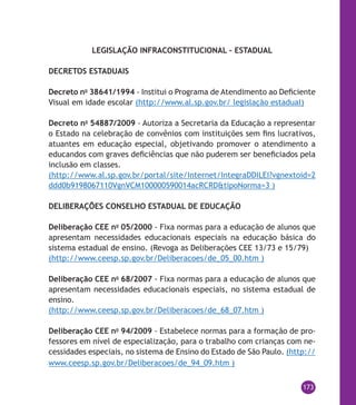 173
LEGISLAÇÃO INFRACONSTITUCIONAL – ESTADUAL
DECRETOS ESTADUAIS
Decreto no
38641/1994 - Institui o Programa de Atendimento ao Deficiente
Visual em idade escolar (http://www.al.sp.gov.br/ legislação estadual)
Decreto no
54887/2009 - Autoriza a Secretaria da Educação a representar
o Estado na celebração de convênios com instituições sem fins lucrativos,
atuantes em educação especial, objetivando promover o atendimento a
educandos com graves deficiências que não puderem ser beneficiados pela
inclusão em classes.
(http://www.al.sp.gov.br/portal/site/Internet/IntegraDDILEI?vgnextoid=2
ddd0b9198067110VgnVCM100000590014acRCRD&tipoNorma=3 )
DELIBERAÇÕES CONSELHO ESTADUAL DE EDUCAÇÃO
Deliberação CEE no
05/2000 - Fixa normas para a educação de alunos que
apresentam necessidades educacionais especiais na educação básica do
sistema estadual de ensino. (Revoga as Deliberações CEE 13/73 e 15/79)
(http://www.ceesp.sp.gov.br/Deliberacoes/de_05_00.htm )
Deliberação CEE no
68/2007 - Fixa normas para a educação de alunos que
apresentam necessidades educacionais especiais, no sistema estadual de
ensino.
(http://www.ceesp.sp.gov.br/Deliberacoes/de_68_07.htm )
Deliberação CEE no
94/2009 - Estabelece normas para a formação de pro-
fessores em nível de especialização, para o trabalho com crianças com ne-
cessidades especiais, no sistema de Ensino do Estado de São Paulo. (http://
www.ceesp.sp.gov.br/Deliberacoes/de_94_09.htm )
 