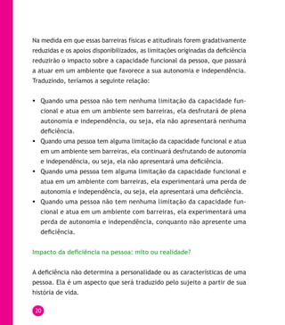 20
Na medida em que essas barreiras físicas e atitudinais forem gradativamente
reduzidas e os apoios disponibilizados, as limitações originadas da deficiência
reduzirão o impacto sobre a capacidade funcional da pessoa, que passará
a atuar em um ambiente que favorece a sua autonomia e independência.
Traduzindo, teríamos a seguinte relação:
	Quando uma pessoa não tem nenhuma limitação da capacidade fun-
cional e atua em um ambiente sem barreiras, ela desfrutará de plena
autonomia e independência, ou seja, ela não apresentará nenhuma
deficiência.
	Quando uma pessoa tem alguma limitação da capacidade funcional e atua
em um ambiente sem barreiras, ela continuará desfrutando de autonomia
e independência, ou seja, ela não apresentará uma deficiência.
	Quando uma pessoa tem alguma limitação da capacidade funcional e
atua em um ambiente com barreiras, ela experimentará uma perda de
autonomia e independência, ou seja, ela apresentará uma deficiência.
	Quando uma pessoa não tem nenhuma limitação da capacidade fun-
cional e atua em um ambiente com barreiras, ela experimentará uma
perda de autonomia e independência, conquanto não apresente uma
deficiência.
Impacto da deficiência na pessoa: mito ou realidade?
A deficiência não determina a personalidade ou as características de uma
pessoa. Ela é um aspecto que será traduzido pelo sujeito a partir de sua
história de vida.
 