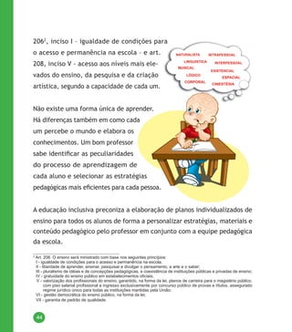 44
2062
, inciso I – igualdade de condições para
o acesso e permanência na escola – e art.
208, inciso V - acesso aos níveis mais ele-
vados do ensino, da pesquisa e da criação
artística, segundo a capacidade de cada um.
não existe uma forma única de aprender.
Há diferenças também em como cada
um percebe o mundo e elabora os
conhecimentos. um bom professor
sabe identificar as peculiaridades
do processo de aprendizagem de
cada aluno e selecionar as estratégias
pedagógicas mais eficientes para cada pessoa.
a educação inclusiva preconiza a elaboração de planos individualizados de
ensino para todos os alunos de forma a personalizar estratégias, materiais e
conteúdo pedagógico pelo professor em conjunto com a equipe pedagógica
da escola.
2
Art. 206. O ensino será ministrado com base nos seguintes princípios:
I - igualdade de condições para o acesso e permanência na escola;
II - liberdade de aprender, ensinar, pesquisar e divulgar o pensamento, a arte e o saber;
III - pluralismo de idéias e de concepções pedagógicas, e coexistência de instituições públicas e privadas de ensino;
IV - gratuidade do ensino público em estabelecimentos oficiais;
V - valorização dos profissionais do ensino, garantido, na forma da lei, planos de carreira para o magistério público,
com piso salarial profissional e ingresso exclusivamente por concurso público de provas e títulos, assegurado
regime jurídico único para todas as instituições mantidas pela União;
VI - gestão democrática do ensino público, na forma da lei;
VII - garantia de padrão de qualidade.
 