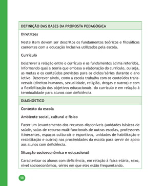 58
DEFINIÇÃO DAS BASES DA PROPOSTA PEDAGÓGICA
Diretrizes
Neste item devem ser descritos os fundamentos teóricos e filosóficos
coerentes com a educação inclusiva utilizados pela escola.
Currículo
Descrever a relação entre o currículo e os fundamentos acima referidos,
informando qual a teoria que embasa a elaboração do currículo, ou seja,
as metas e os conteúdos previstos para os ciclos/séries durante o ano
letivo. Descrever ainda, como a escola trabalha com os conteúdos trans-
versais (direitos humanos, sexualidade, religião, drogas e outros) e com
a flexibilização dos objetivos educacionais, do currículo e em relação à
terminalidade para alunos com deficiência.
DIAGNÓSTICO
Contexto da escola
Ambiente social, cultural e físico
Fazer um levantamento dos recursos disponíveis (unidades básicas de
saúde, salas de recurso multifuncionais de outras escolas, professores
itinerantes, espaços culturais e esportivos, unidades de habilitação e
reabilitação e outros) nas proximidades da escola para servir de apoio
aos alunos com deficiência.
Situação socioeconômica e educacional
Caracterizar os alunos com deficiência, em relação à faixa etária, sexo,
nível socioeconômico, séries em que eles estão frequentando.
 