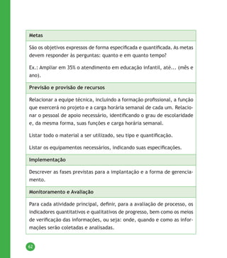 62
Metas
São os objetivos expressos de forma especificada e quantificada. As metas
devem responder às perguntas: quanto e em quanto tempo?
Ex.: Ampliar em 35% o atendimento em educação infantil, até... (mês e
ano).
Previsão e provisão de recursos
Relacionar a equipe técnica, incluindo a formação profissional, a função
que exercerá no projeto e a carga horária semanal de cada um. Relacio-
nar o pessoal de apoio necessário, identificando o grau de escolaridade
e, da mesma forma, suas funções e carga horária semanal.
Listar todo o material a ser utilizado, seu tipo e quantificação.
Listar os equipamentos necessários, indicando suas especificações.
Implementação
Descrever as fases previstas para a implantação e a forma de gerencia-
mento.
Monitoramento e Avaliação
Para cada atividade principal, definir, para a avaliação de processo, os
indicadores quantitativos e qualitativos de progresso, bem como os meios
de verificação das informações, ou seja: onde, quando e como as infor-
mações serão coletadas e analisadas.
 