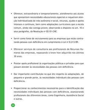 64
	Oferecer, extraordinária e temporariamente, atendimento aos alunos
que apresentem necessidades educacionais especiais e requeiram aten-
ção individualizada da vida autônoma e social, recursos, ajudas e apoios
intensos e contínuos, bem como adaptações curriculares que a escola
comum, ainda não consiga prover, observando o disposto no art. 10 e
seus parágrafos, da Resolução no
02/01-CNE.
	Servir como fonte de recrutamento para as empresas que estão contra-
tando pessoas com deficiência em cumprimento à Lei no
8.213/89.
	Oferecer serviços de consultoria aos profissionais de Recursos Hu-
manos das empresas, repassando o know how adquirido nos últimos
30 anos.
	Prestar apoio profissional às organizações públicas e privadas para que
possam atender às necessidades das pessoas com deficiência.
	Dar importante contribuição no que diz respeito às adaptações, de
pequeno e grande porte, às necessidades individuais das pessoas com
deficiência.
	Proporcionar os conhecimentos necessários para a identificação das
necessidades individuais das pessoas com deficiência, assessorando
profissionais das diferentes áreas, como Engenharia, Assistência Social
e outras.
 