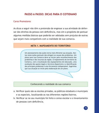 73
PASSO A PASSO: DICAS PARA O COTIDIANO
Caros Promotores
As dicas a seguir não têm a pretensão de engessar a sua atividade de defen-
sor dos direitos da pessoa com deficiência, mas sim o propósito de pontuar
algumas medidas básicas que poderão ser adotadas sem prejuízo de outras
que sejam mais compatíveis com a realidade de sua comarca.
META 1. MAPEAMENTO DO TERRITÓRIO
Um planejamento das ações torna mais eficiente sua atuação. Mui-
tas vezes ações pontuais não atingem as causas dos problemas. Um
plano para sua Comarca deve se iniciar pelo reconhecimento dos
problemas e dos recursos da região. O mapeamento do território da
Comarca, com a localização dos equipamentos de educação, uma
avaliação dos apoios legais e técnicos disponíveis e a identificação
dos principais problemas é uma ferramenta indispensável. Sugerimos
que sua atuação se inicie pela elaboração de um plano.
Conhecendo a realidade da sua comarca
a. Verificar quais são as escolas privadas, as públicas estaduais e municipais
e as especiais, localizando-as nas diferentes regiões/bairros.
b. Verificar se no seu município foi feito o censo escolar e o levantamento
de pessoas com deficiência.
 