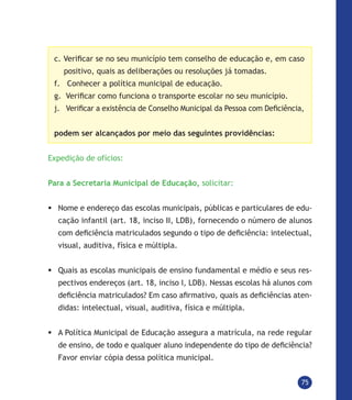 75
c. Verificar se no seu município tem conselho de educação e, em caso
positivo, quais as deliberações ou resoluções já tomadas.
f. Conhecer a política municipal de educação.
g. Verificar como funciona o transporte escolar no seu município.
j. Verificar a existência de Conselho Municipal da Pessoa com Deficiência,
podem ser alcançados por meio das seguintes providências:
Expedição de ofícios:
Para a Secretaria Municipal de Educação, solicitar:
	Nome e endereço das escolas municipais, públicas e particulares de edu-
cação infantil (art. 18, inciso II, LDB), fornecendo o número de alunos
com deficiência matriculados segundo o tipo de deficiência: intelectual,
visual, auditiva, física e múltipla.
	Quais as escolas municipais de ensino fundamental e médio e seus res-
pectivos endereços (art. 18, inciso I, LDB). Nessas escolas há alunos com
deficiência matriculados? Em caso afirmativo, quais as deficiências aten-
didas: intelectual, visual, auditiva, física e múltipla.
	A Política Municipal de Educação assegura a matrícula, na rede regular
de ensino, de todo e qualquer aluno independente do tipo de deficiência?
Favor enviar cópia dessa política municipal.
 