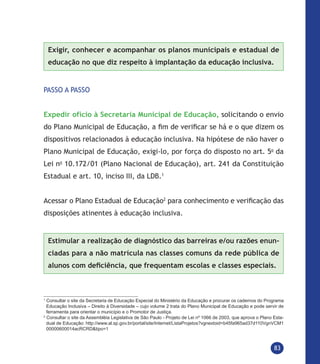 83
Exigir, conhecer e acompanhar os planos municipais e estadual de
educação no que diz respeito à implantação da educação inclusiva.
PASSO A PASSO
Expedir ofício à Secretaria Municipal de Educação, solicitando o envio
do Plano Municipal de Educação, a fim de verificar se há e o que dizem os
dispositivos relacionados à educação inclusiva. Na hipótese de não haver o
Plano Municipal de Educação, exigi-lo, por força do disposto no art. 5o
da
Lei no
10.172/01 (Plano Nacional de Educação), art. 241 da Constituição
Estadual e art. 10, inciso III, da LDB.1
Acessar o Plano Estadual de Educação2
para conhecimento e verificação das
disposições atinentes à educação inclusiva.
Estimular a realização de diagnóstico das barreiras e/ou razões enun-
ciadas para a não matrícula nas classes comuns da rede pública de
alunos com deficiência, que frequentam escolas e classes especiais.
1
Consultar o site da Secretaria de Educação Especial do Ministério da Educação e procurar os cadernos do Programa
Educação Inclusiva – Direito à Diversidade – cujo volume 2 trata do Plano Municipal de Educação e pode servir de
ferramenta para orientar o município e o Promotor de Justiça.
2
Consultar o site da Assembléia Legislativa de São Paulo - Projeto de Lei nº 1066 de 2003, que aprova o Plano Esta-
dual de Educação: http://www.al.sp.gov.br/portal/site/Internet/ListaProjetos?vgnextoid=b45fa965ad37d110VgnVCM1
00000600014acRCRD&tipo=1
 