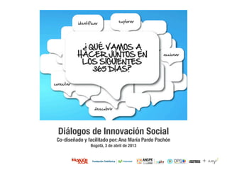 + amp2 
identificar explorar 
Diálogos de Innovación Social 
Co-diseñado y facilitado por: Ana María Pardo Pachón 
Bogotá, 3 de abril de 2013 
accionar 
descubrir 
conectar 
 