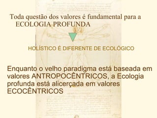 Toda questão dos valores é fundamental para a
 ECOLOGIA PROFUNDA


      HOLÍSTICO É DIFERENTE DE ECOLÓGICO


Enquanto o velho paradigma está baseada em
valores ANTROPOCÊNTRICOS, a Ecologia
profunda está alicerçada em valores
ECOCÊNTRICOS
 