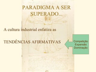 PARADIGMA A SER
             SUPERADO...

A cultura industrial enfatiza as

TENDÊNCIAS AFIRMATIVAS             Competição
                                    Expansão
                                   Dominação
 