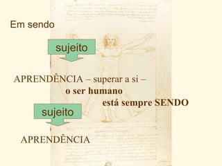 Em sendo

           sujeito

APRENDÊNCIA – superar a si –
        o ser humano
                está sempre SENDO
     sujeito

 APRENDÊNCIA
 