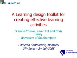 A Learning design toolkit for creating effective learning activities Gráinne Conole, Karen Fill and Chris Bailey University of Southampton Edmedia Conference, Montreal 27 th  June – 2 nd  July2005 