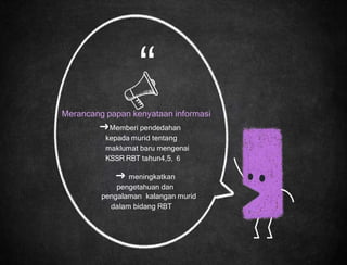 “
Merancang papan kenyataan informasi
➜Memberi pendedahan
kepada murid tentang
maklumat baru mengenai
KSSR RBT tahun4,5, 6
➜ meningkatkan
pengetahuan dan
pengalaman kalangan murid
dalam bidang RBT
 