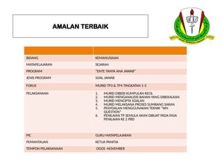 AMALAN TERBAIK
BIDANG KEMANUSIAAN
MATAPELAJARAN SEJARAH
PROGRAM “ENTE TANYA ANA JAWAB”
JENIS PROGRAM SOAL JAWAB
FOKUS MURID TP3 & TP4 TINGKATAN 1-3
PELAKSANAAN 1. MURID DIBERI KUMPULAN KECIL
2. MURID MENGANALISIS BAHAN YANG DIBEKALKAN
3. MURID MENCIPTA SOALAN
4. MURID MELAKSANA PROSES SUMBANG SARAN
5. PENYOALAN MENGGUNAKAN TEKNIK “WH
QUESTION”
6. PENILAIAN TP SEMULA AKAN DIBUAT PADA FASA
PENILAIAN KE 2 PBD
PIC GURU MATAPELAJARAN
PEMANTAUAN KETUA PANITIA
TEMPOH PELAKSANAAN OGOS -NOVEMBER
 