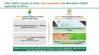 AAA Presentation for NY v18Sept16v2.pptx 19
After COP21 success in Paris, high expectations for Marrakesh COP22,
especially for Africa
COP21 : a historic milestone in the fight
against climate change
COP22 : strong expectations to make it a
"COP for action" but also a "COP for Africa"
Translate the progress achieved in Paris into
reality
Target to limit global warming to 2°C officially
adopted with aim for 1.5°C
At least $100 B / year to support developing
countries
Pledge from developed countries
Place the most vulnerable regions, especially
Africa at the core of the negotiations
Despite mentions of food security for the first time in the Paris Agreement, Agriculture has
never been discussed as a solution in climate negotiations
 