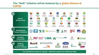 AAA Presentation for NY v18Sept16v2.pptx 26
The "AAA" initiative will be fostered by a global alliance at
COP22
African
Governments
Development
Finance Institutions
Scientific
Community
NGOs &
Corporate
(projects holders)
The syndication process is ongoing – additional supports are still being rallied
Gambia
Guinea
Conakry
Lesotho Mali Mozambique NigerMauritania
Equatorial
Guinea
Nigeria Senegal
South
Soudan
Seychelles TogoRwanda Swaziland
Sao
Tomé
EgyptBenin
Burkina
Faso
Burundi
Central
African Rep.
Ivory
Coast
GabonCameroon
Cape
Verde
 