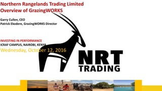 Northern Rangelands Trading Limited
Overview of GrazingWORKS
Garry Cullen, CEO
Patrick Ekodere, GrazingWORKS Director
INVESTING IN PERFORMANCE
ICRAF CAMPUS, NAIROBI, KENYA
Wednesday, October 12, 2016
44
 