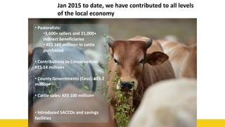 51
Jan 2015 to date, we have contributed to all levels
of the local economy
• Pastoralists:
•3,600+ sellers and 21,000+
indirect beneficiaries
• KES 160 million+ in cattle
purchased
• Contributions to Conservancies:
KES 14 million+
• County Governments (Cess): KES 2
million+
• Cattle sales: KES 100 million+
• Introduced SACCOs and savings
facilities
 
