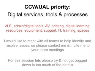 CCW/UAL priority:
Digital services, tools & processes
VLE, admin/digital tools, AV, printing, digital learning,
resources, equipment, support, IT, training, spaces
I would like to meet with all teams to help identify and
resolve issues, so please contact me & invite me to
your team meetings
For this session lets please try & not get bogged
down in too much of the details
 