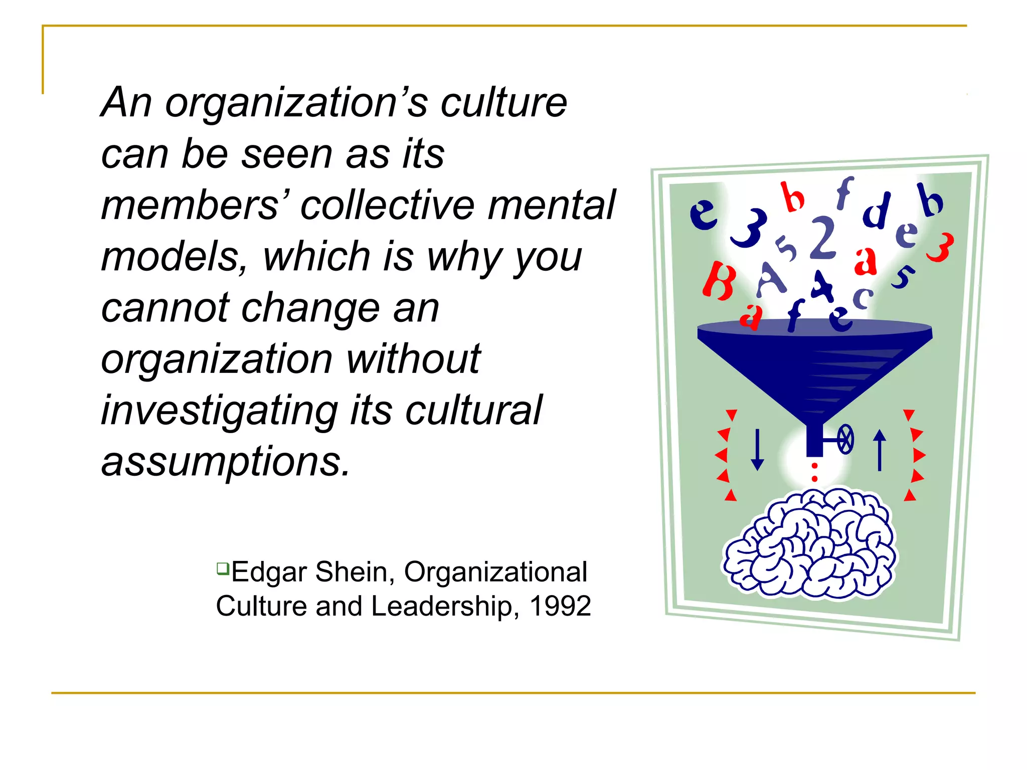 An organization’s culture
can be seen as its
members’ collective mental
models, which is why you
cannot change an
organization without
investigating its cultural
assumptions.
Edgar Shein, Organizational
Culture and Leadership, 1992
 