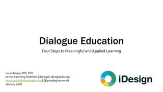 Dialogue Education
Four Steps to Meaningful and Applied Learning
Laura Gogia, MD, PhD
Senior Learning Architect | iDesign | idesignedu.org
laura.gogia@idesignedu.org | @googleguacamole
January 2018
 