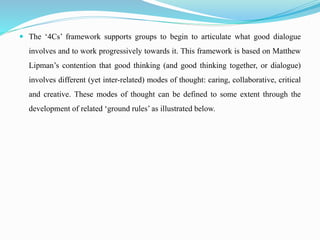  The ‘4Cs’ framework supports groups to begin to articulate what good dialogue
involves and to work progressively towards it. This framework is based on Matthew
Lipman’s contention that good thinking (and good thinking together, or dialogue)
involves different (yet inter-related) modes of thought: caring, collaborative, critical
and creative. These modes of thought can be defined to some extent through the
development of related ‘ground rules’ as illustrated below.
 