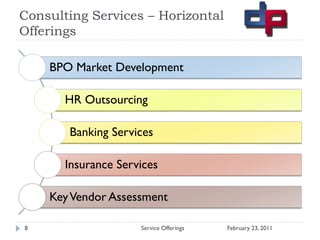 Consulting Services – Horizontal
Offerings

    BPO Market Development

       HR Outsourcing

       Banking Services

       Insurance Services

    Key Vendor Assessment

8                    Service Offerings   February 23, 2011
 